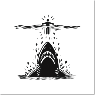 Stick figure shark in black ink Posters and Art